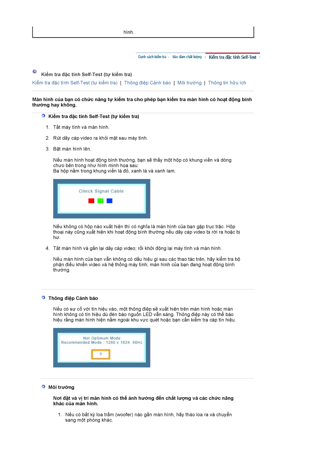 Samsung LS17MJCKS/VNT, LS17MJCKS/XSV manual Kiểm tra đặc tính Self-Test tự kiểm tra, Thông điệp Cảnh báo 