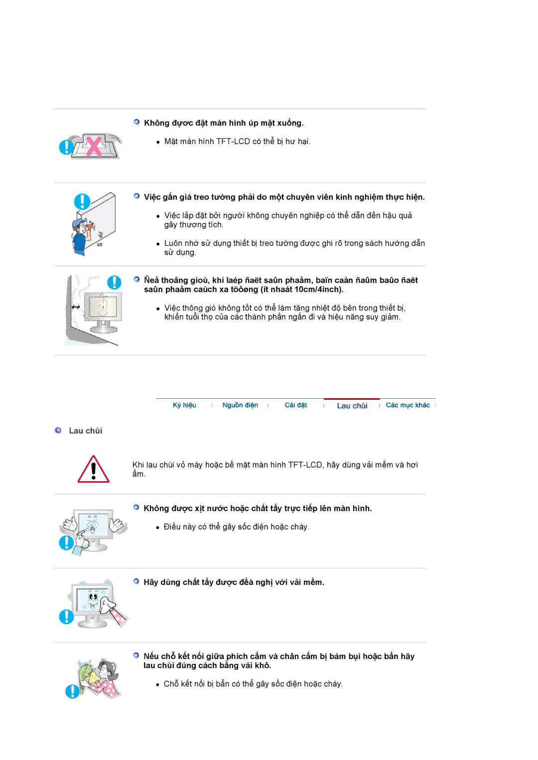 Samsung LS17MJCKS/VNT, LS17MJCKS/XSV manual Không đựơc đặt màn hình úp mặt xuống, Lau chùi 