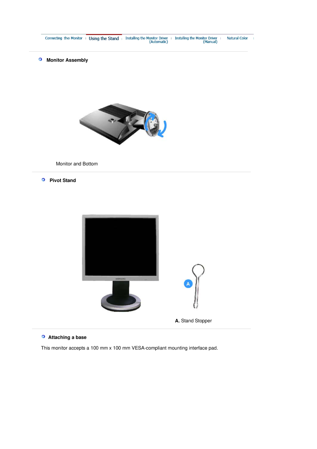 Samsung LS17MJCKN/EDC, LS17MJCTB/EDC, MJ17CSKS/EDC, MJ17CSTS/EDC manual Monitor Assembly, Pivot Stand, Attaching a base 