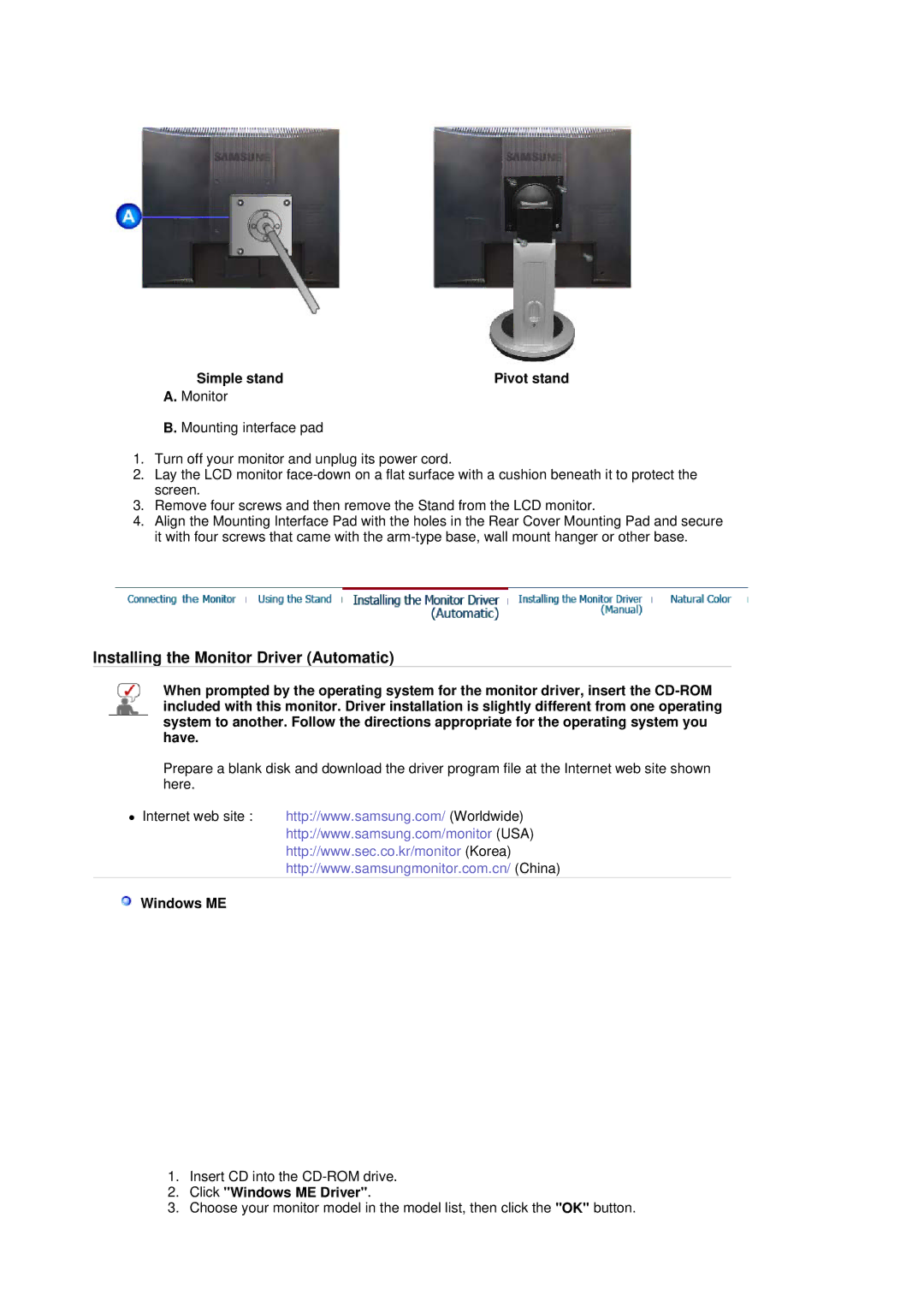 Samsung MJ17CSKS/EDC, LS17MJCTB/EDC, LS17MJCKN/EDC, MJ17CSTS/EDC manual Simple stand Pivot stand, Click Windows ME Driver 