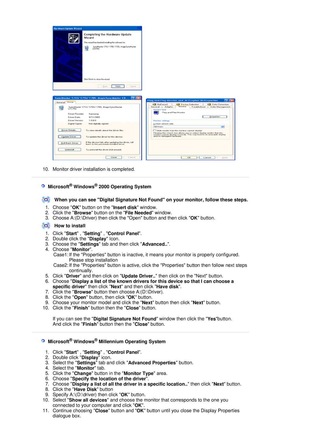 Samsung LS17MJCKS/XME, LS17MJCTB/EDC, LS17MJCKN/EDC, MJ17CSKS/EDC manual How to install Click Start , Setting , Control Panel 