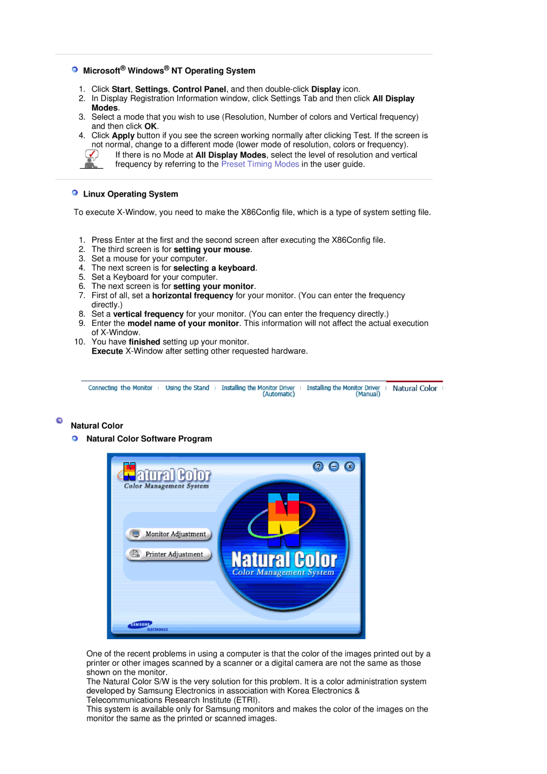 Samsung LS17MJCKN/XSG, LS17MJCTB/EDC, LS17MJCKN/EDC manual Microsoft Windows NT Operating System, Linux Operating System 