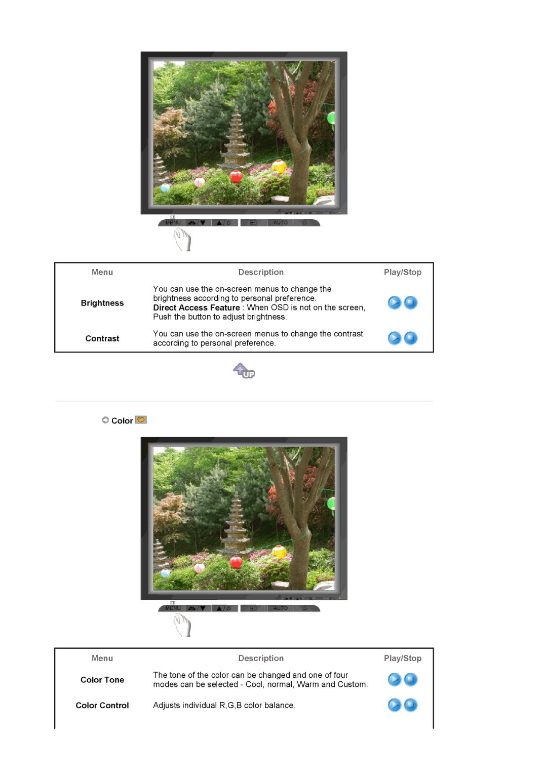 Samsung LS17MJCTB/EDC, LS17MJCKN/EDC, MJ17CSKS/EDC Brightness Contrast, DescriptionPlay/Stop, Color Tone Color Control 