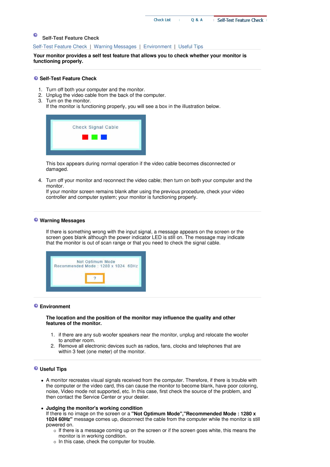 Samsung LS17MJCKB/XSG, LS17MJCTB/EDC, LS17MJCKN/EDC, MJ17CSKS/EDC, MJ17CSTS/EDC manual Self-Test Feature Check, Useful Tips 