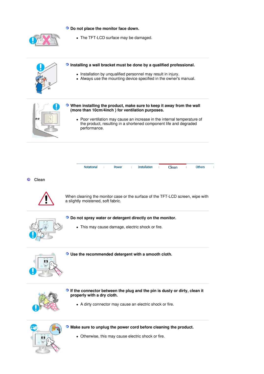 Samsung LS17MJCKS/XSG Do not place the monitor face down, Clean, Do not spray water or detergent directly on the monitor 