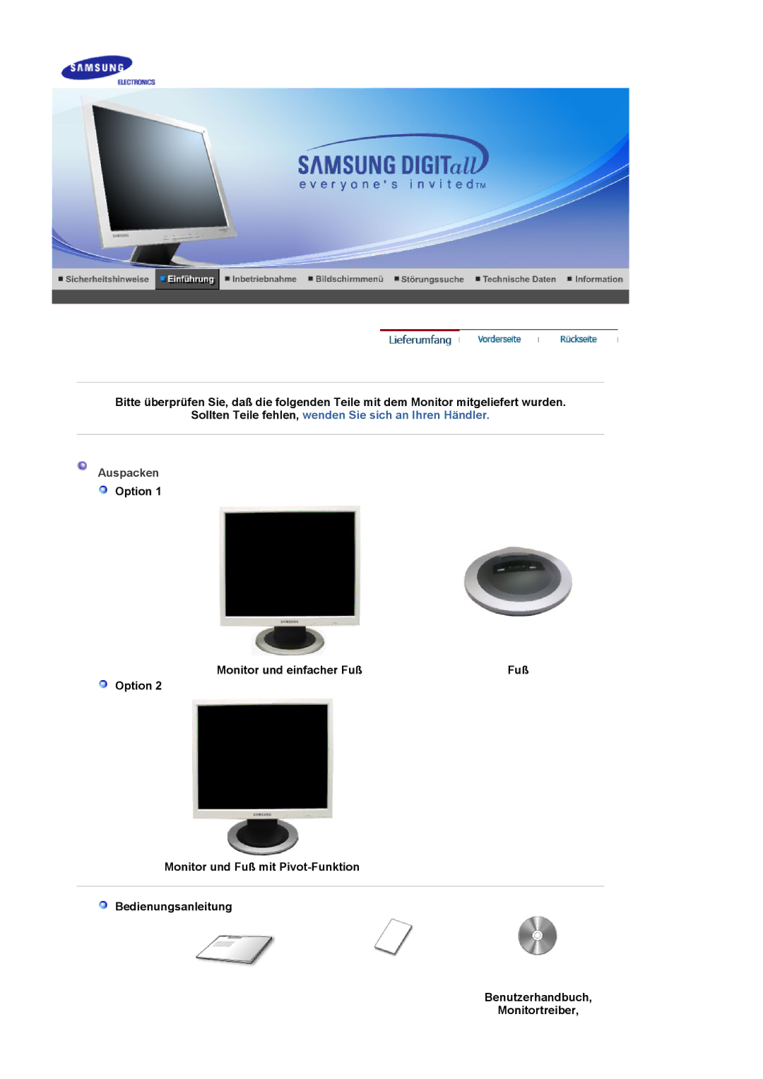 Samsung MJ17CSKS/EDC, LS17MJCTB/EDC, LS17MJCKN/EDC manual Sollten Teile fehlen, wenden Sie sich an Ihren Händler, Auspacken 