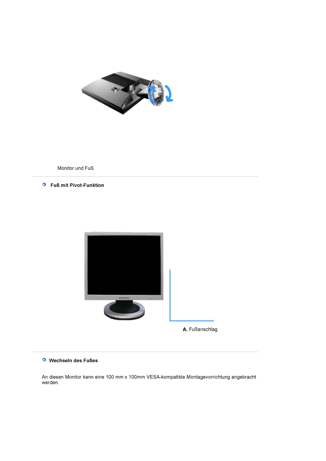 Samsung MJ17CSKS/EDC, LS17MJCTB/EDC, LS17MJCKN/EDC, MJ17CSTS/EDC manual Fuß mit Pivot-Funktion, Wechseln des Fußes 