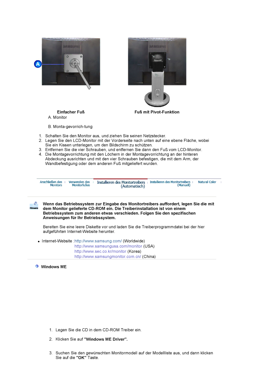 Samsung MJ17CSTS/EDC, LS17MJCTB/EDC manual Einfacher Fuß Fuß mit Pivot-Funktion, Klicken Sie auf Windows ME Driver 