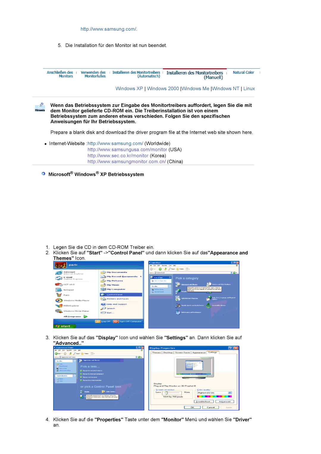 Samsung LS17MJCKN/EDC, LS17MJCTB/EDC, MJ17CSKS/EDC, MJ17CSTS/EDC manual Microsoft Windows XP Betriebssystem, Advanced 