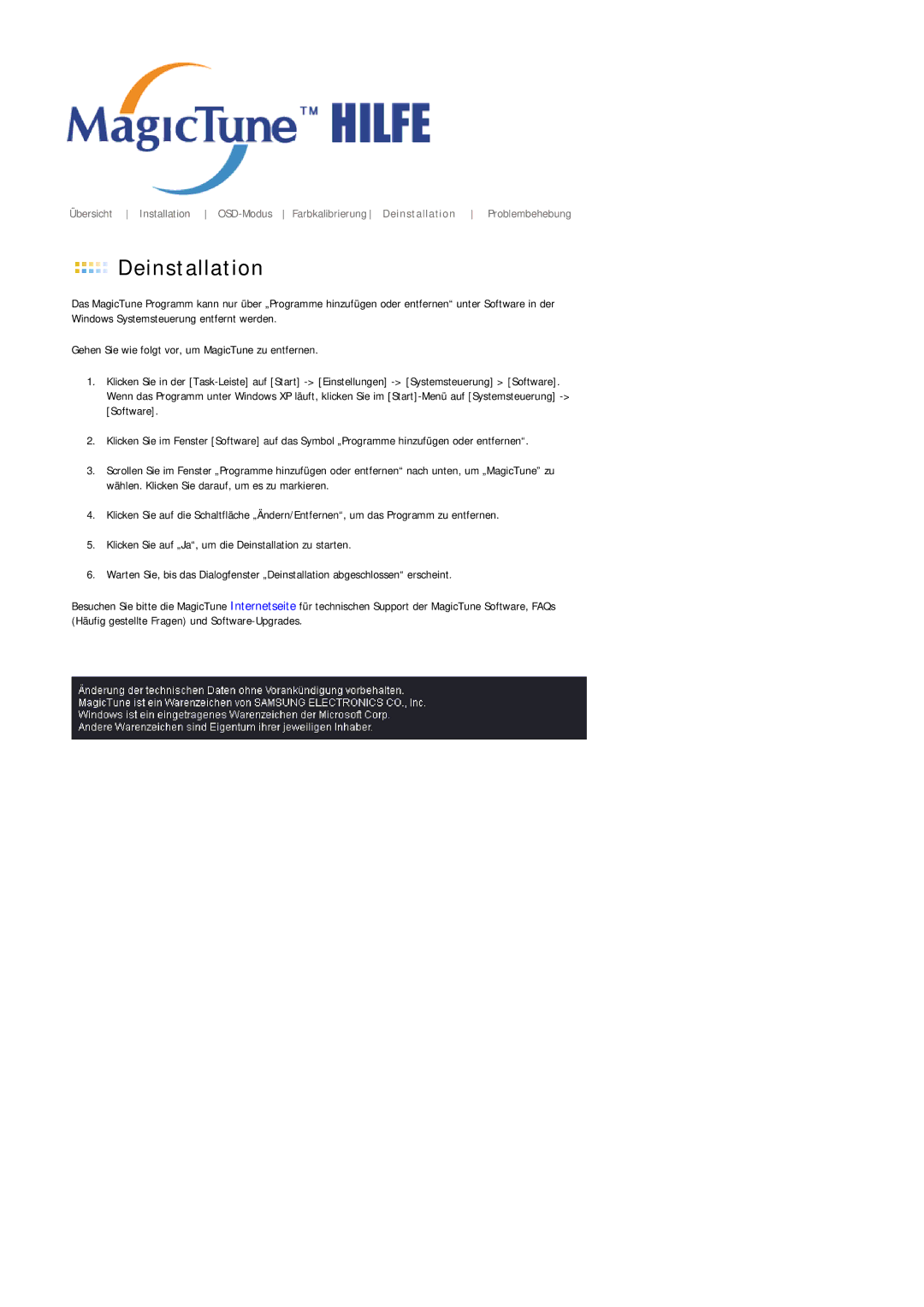 Samsung MJ17CSKS/EDC, LS17MJCTB/EDC, LS17MJCKN/EDC, MJ17CSTS/EDC manual Deinstallation 