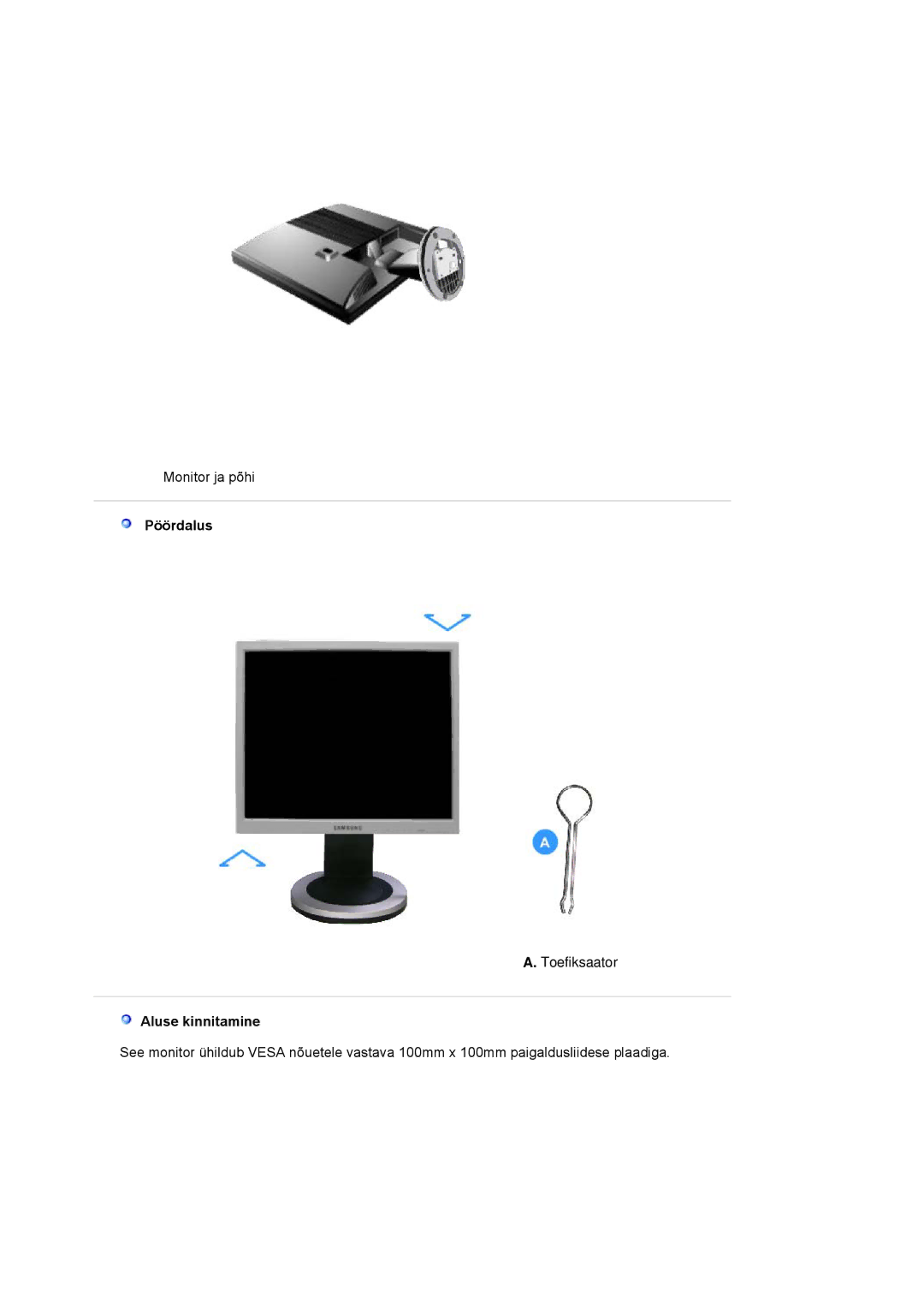 Samsung LS17MJCKN/EDC, LS17MJCTB/EDC, MJ17CSKS/EDC manual Pöördalus, Aluse kinnitamine 