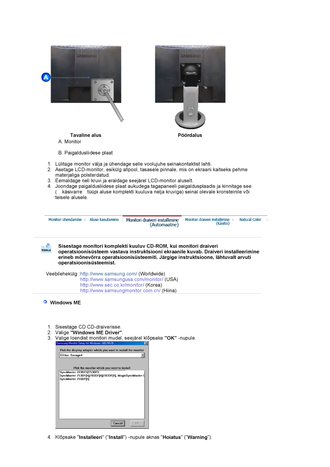 Samsung MJ17CSKS/EDC, LS17MJCTB/EDC, LS17MJCKN/EDC manual Tavaline alus Pöördalus, Valige Windows ME Driver 