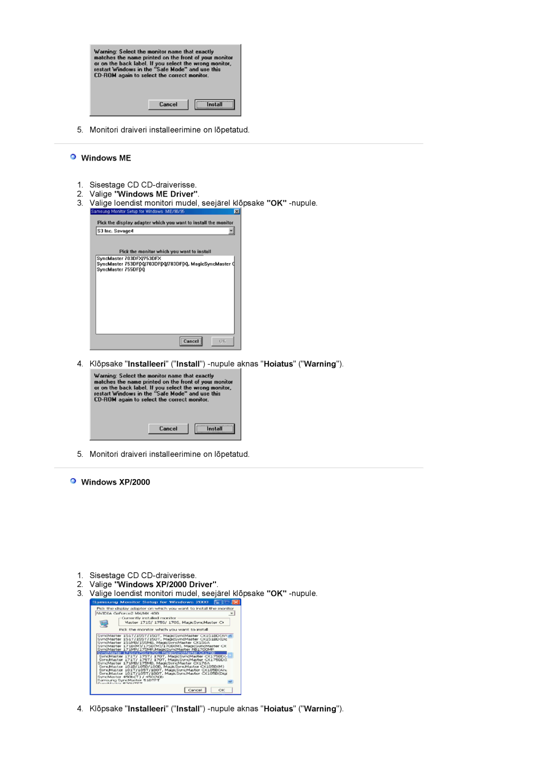 Samsung LS17MJCTB/EDC, LS17MJCKN/EDC, MJ17CSKS/EDC manual Valige Windows XP/2000 Driver 