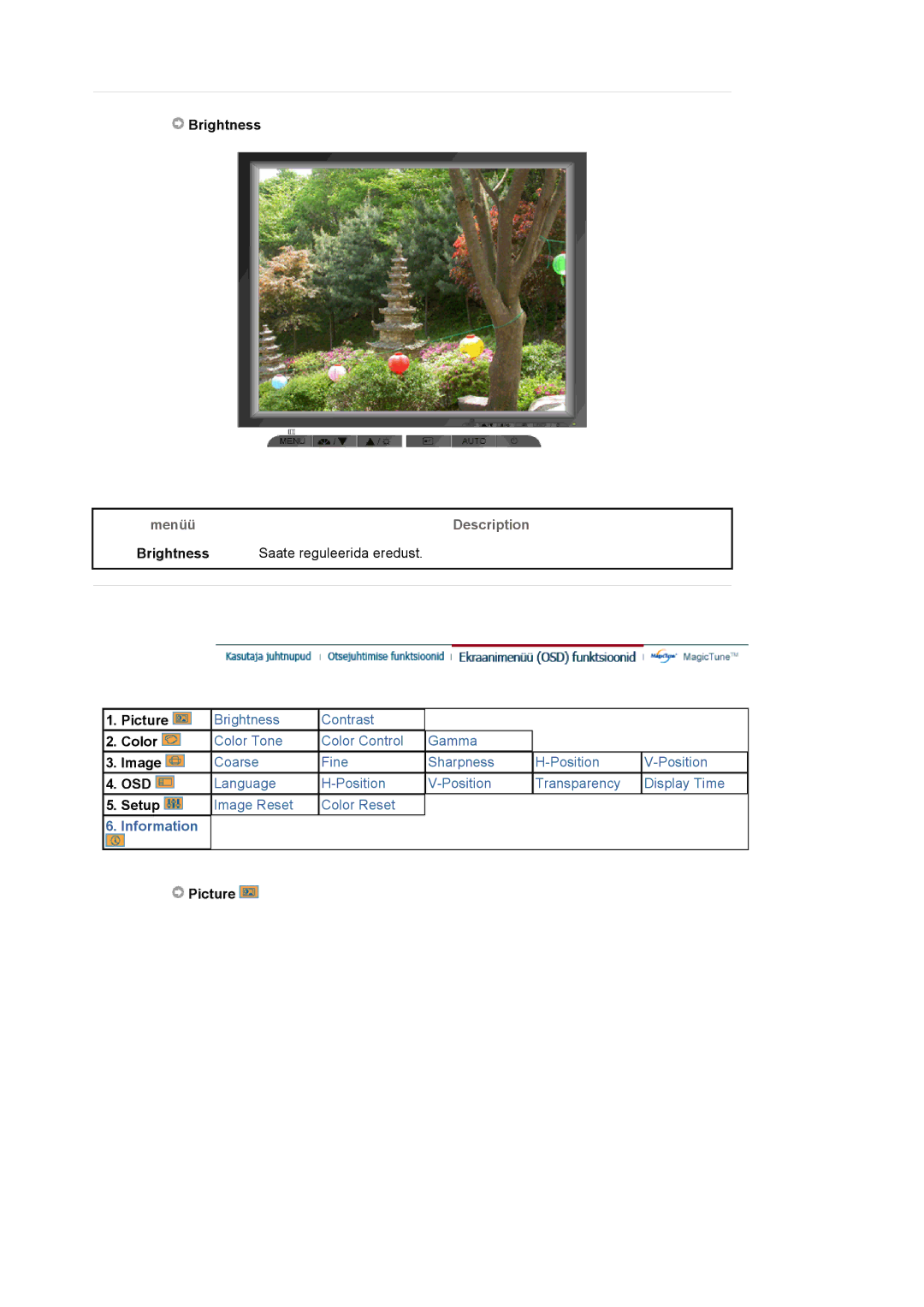 Samsung MJ17CSKS/EDC, LS17MJCTB/EDC, LS17MJCKN/EDC manual Brightness, Picture 