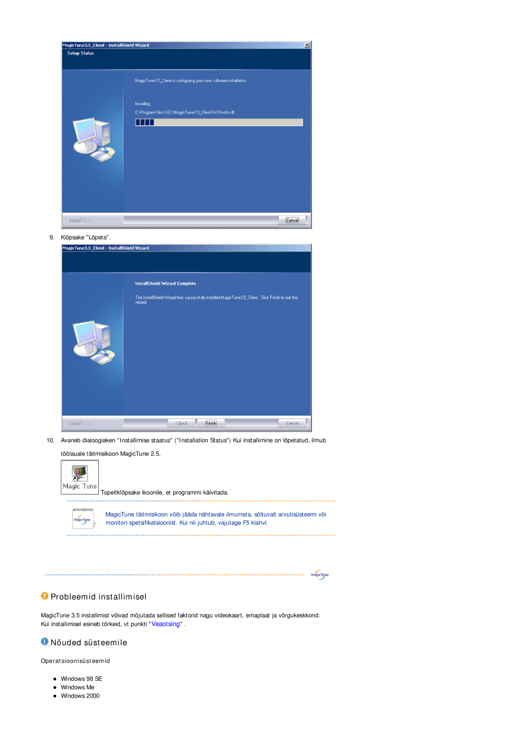 Samsung LS17MJCKN/EDC, LS17MJCTB/EDC, MJ17CSKS/EDC manual Probleemid installimisel 