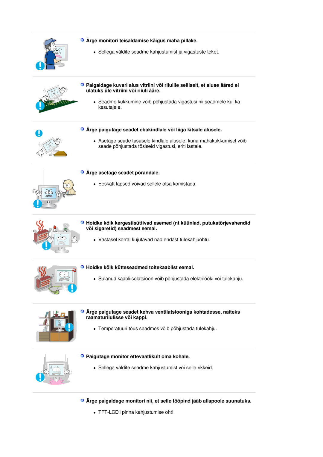 Samsung LS17MJCKN/EDC, LS17MJCTB/EDC manual Ärge monitori teisaldamise käigus maha pillake, Ärge asetage seadet põrandale 