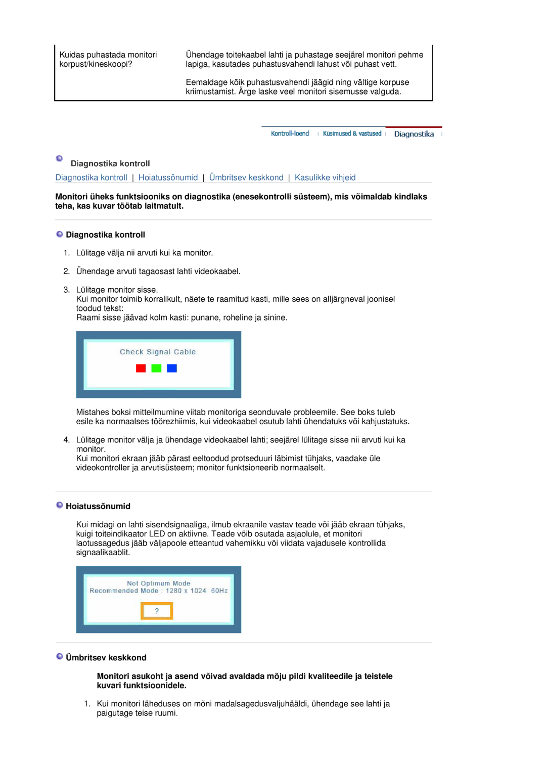 Samsung LS17MJCKN/EDC, LS17MJCTB/EDC, MJ17CSKS/EDC manual Diagnostika kontroll, Hoiatussõnumid 