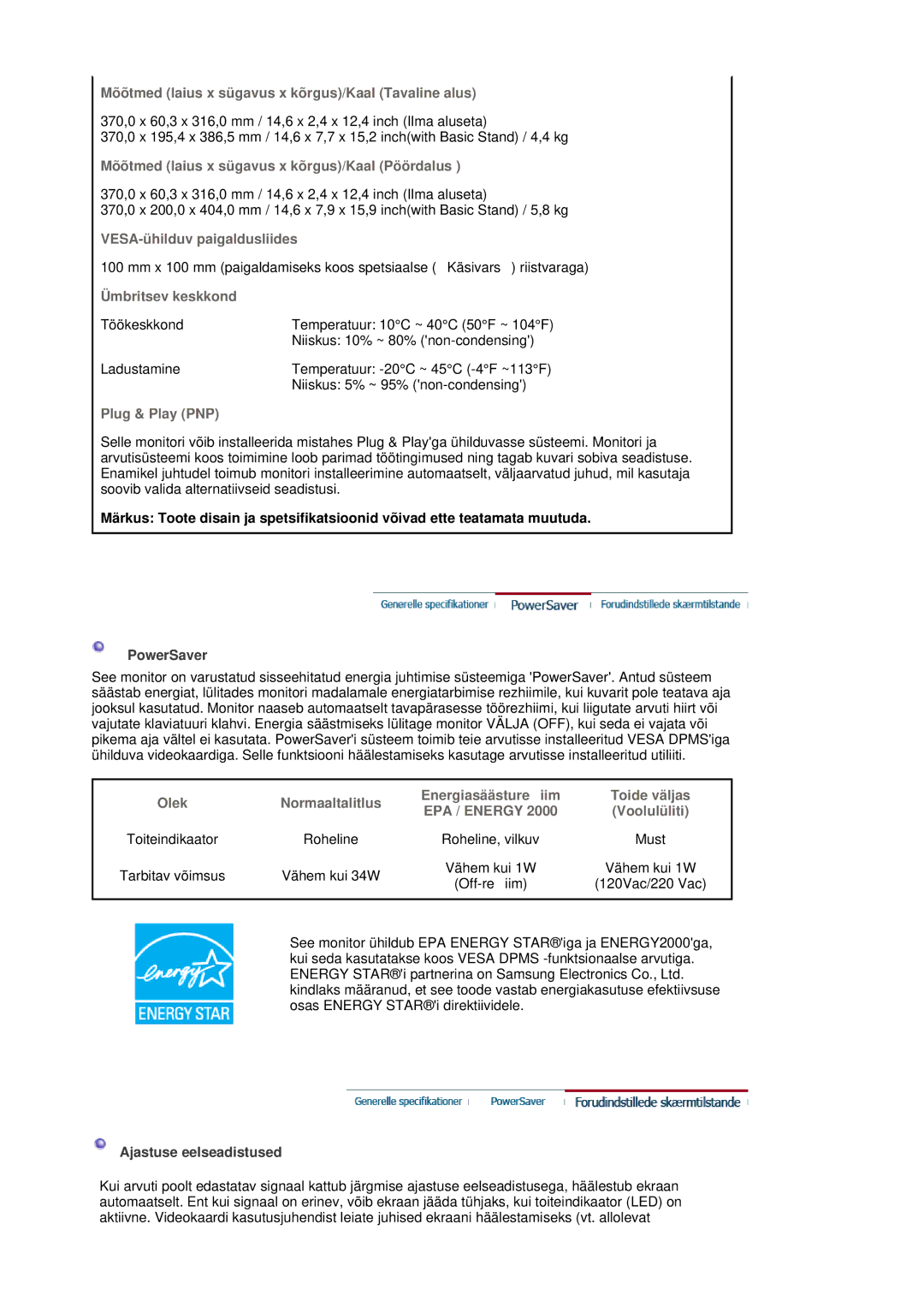 Samsung LS17MJCKN/EDC, LS17MJCTB/EDC, MJ17CSKS/EDC manual PowerSaver, Ajastuse eelseadistused 