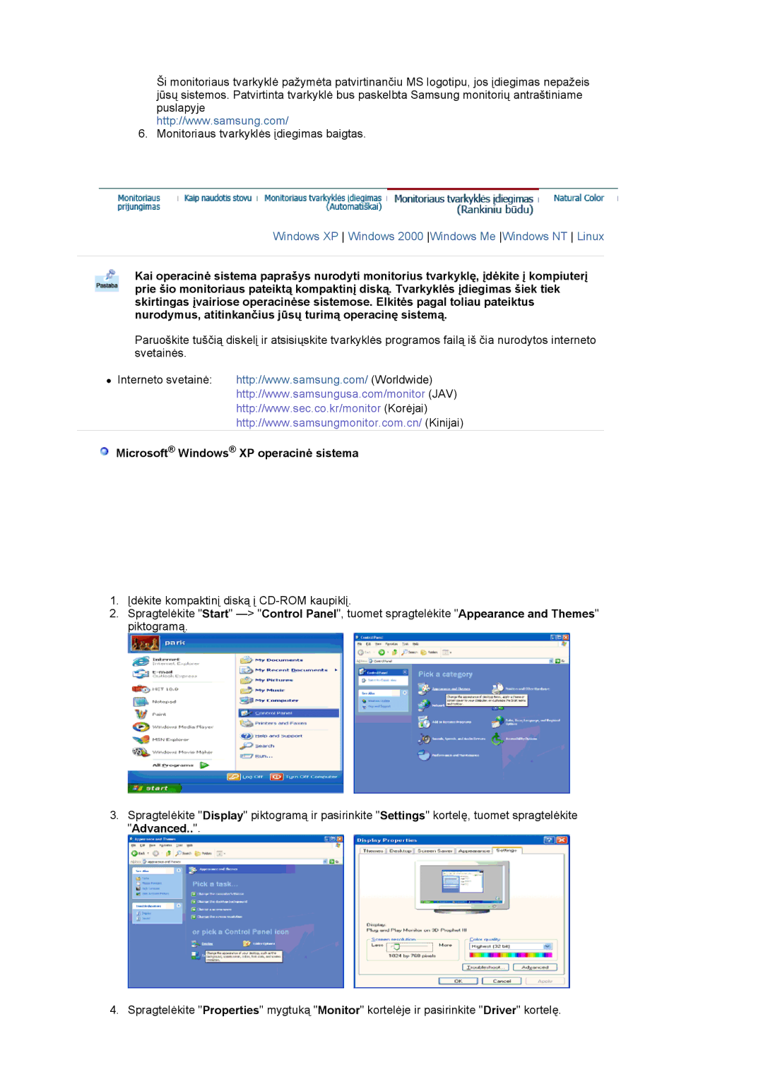 Samsung LS17MJCKN/EDC, LS17MJCTB/EDC, MJ17CSKS/EDC manual Microsoft Windows XP operacinė sistema 