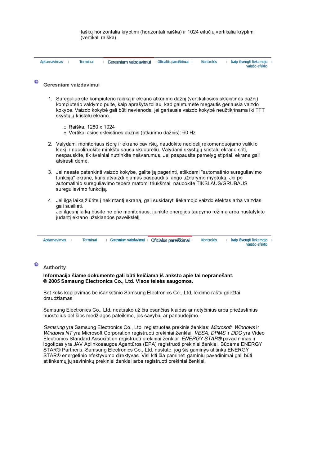 Samsung LS17MJCKN/EDC, LS17MJCTB/EDC, MJ17CSKS/EDC manual Geresniam vaizdavimui, Authority 