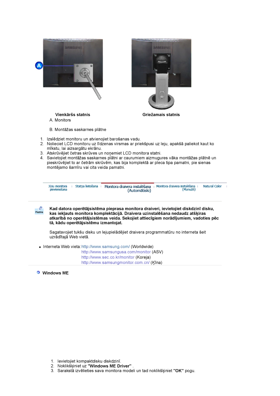 Samsung MJ17CSKS/EDC, LS17MJCTB/EDC manual Vienkāršs statnis Griežamais statnis, Noklikšķiniet uz Windows ME Driver 
