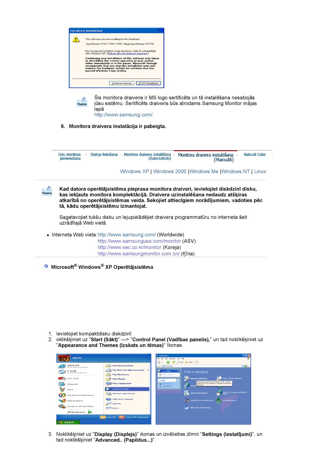 Samsung LS17MJCKN/EDC, LS17MJCTB/EDC manual Monitora draivera instalācija ir pabeigta, Microsoft Windows XP Operētājsistēma 