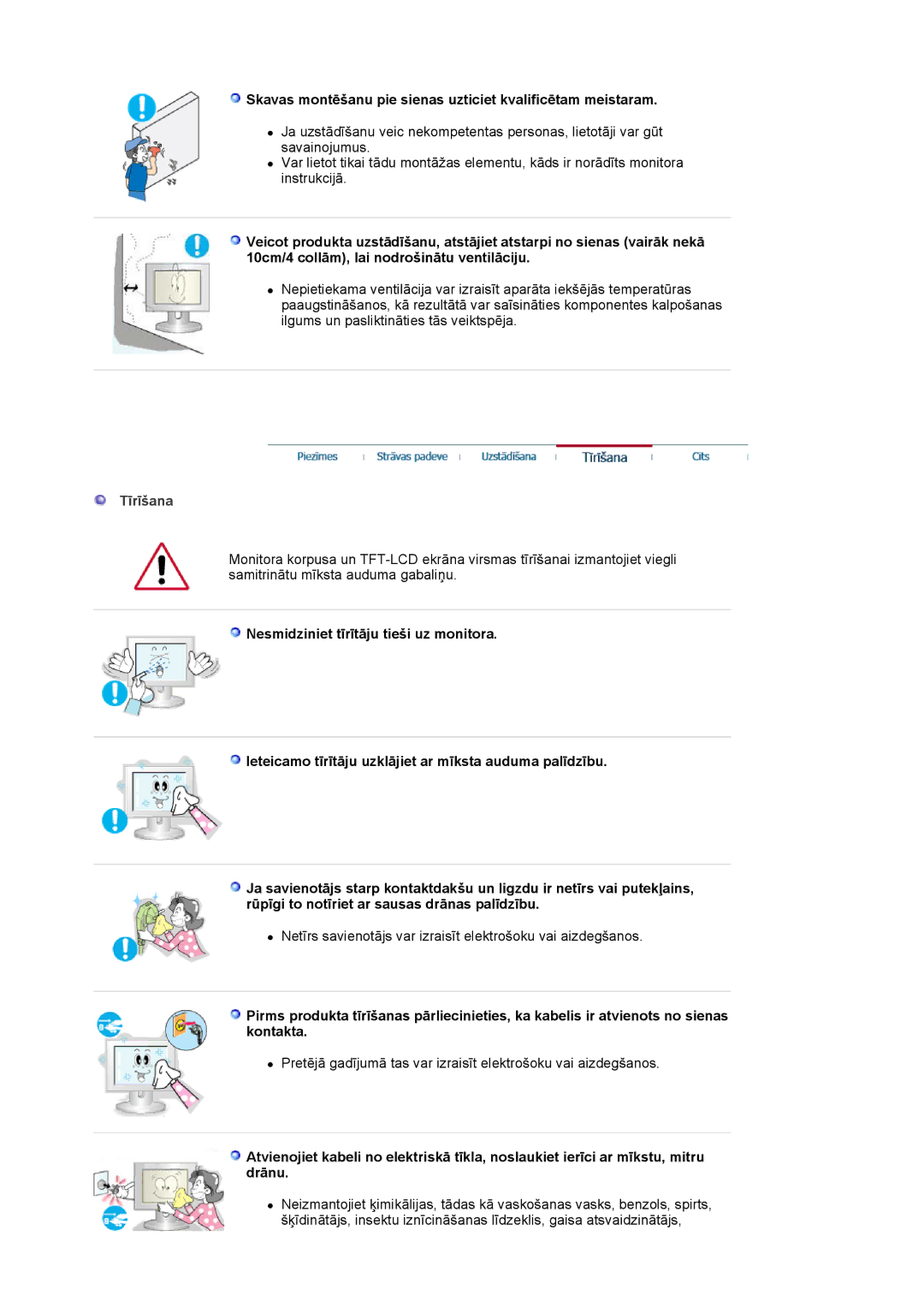 Samsung MJ17CSKS/EDC, LS17MJCTB/EDC, LS17MJCKN/EDC Skavas montēšanu pie sienas uzticiet kvalificētam meistaram, Tīrīšana 