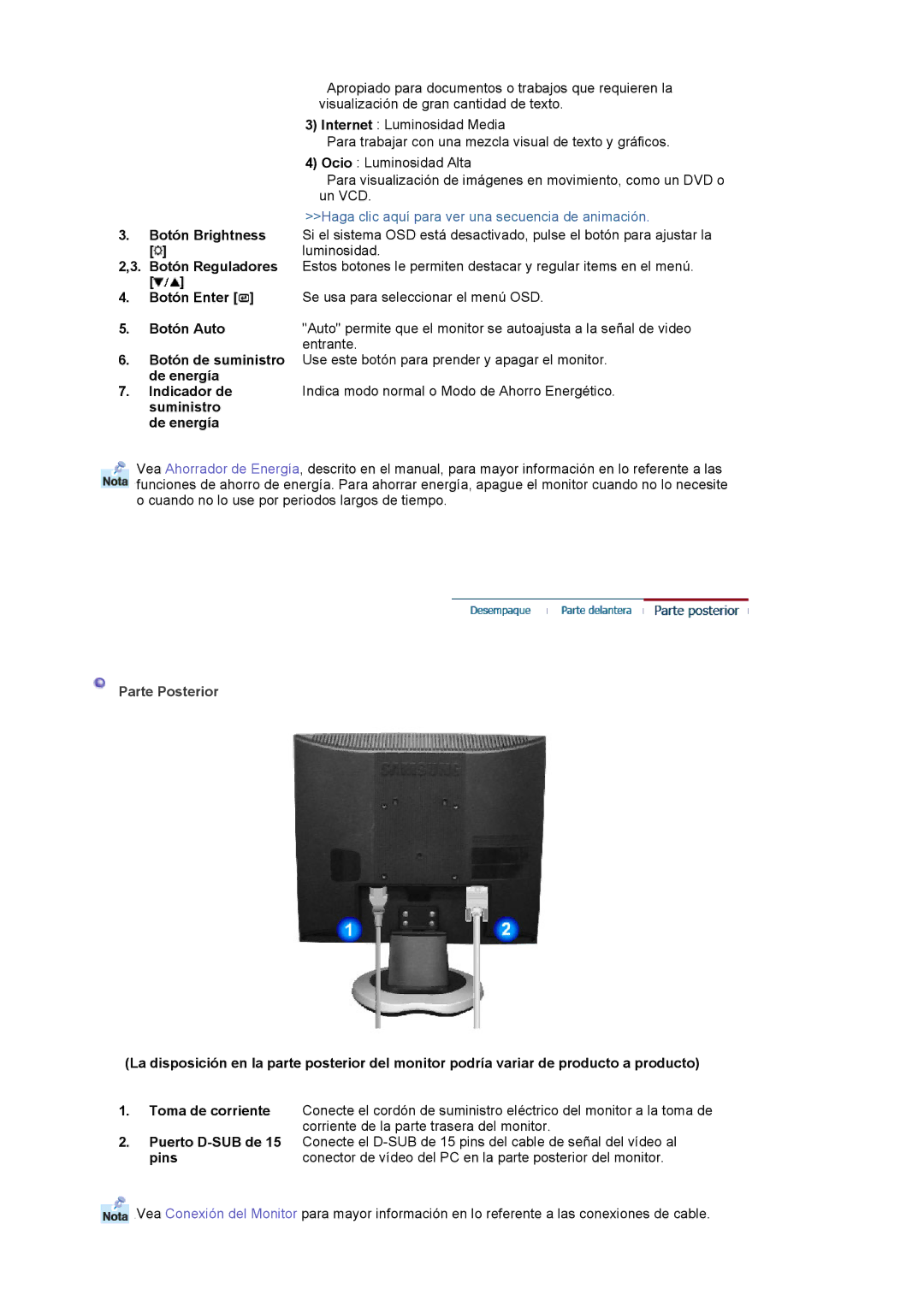 Samsung LS17MJCTB/EDC, MJ17CSKS/EDC, MJ17CSTS/EDC manual Parte Posterior 