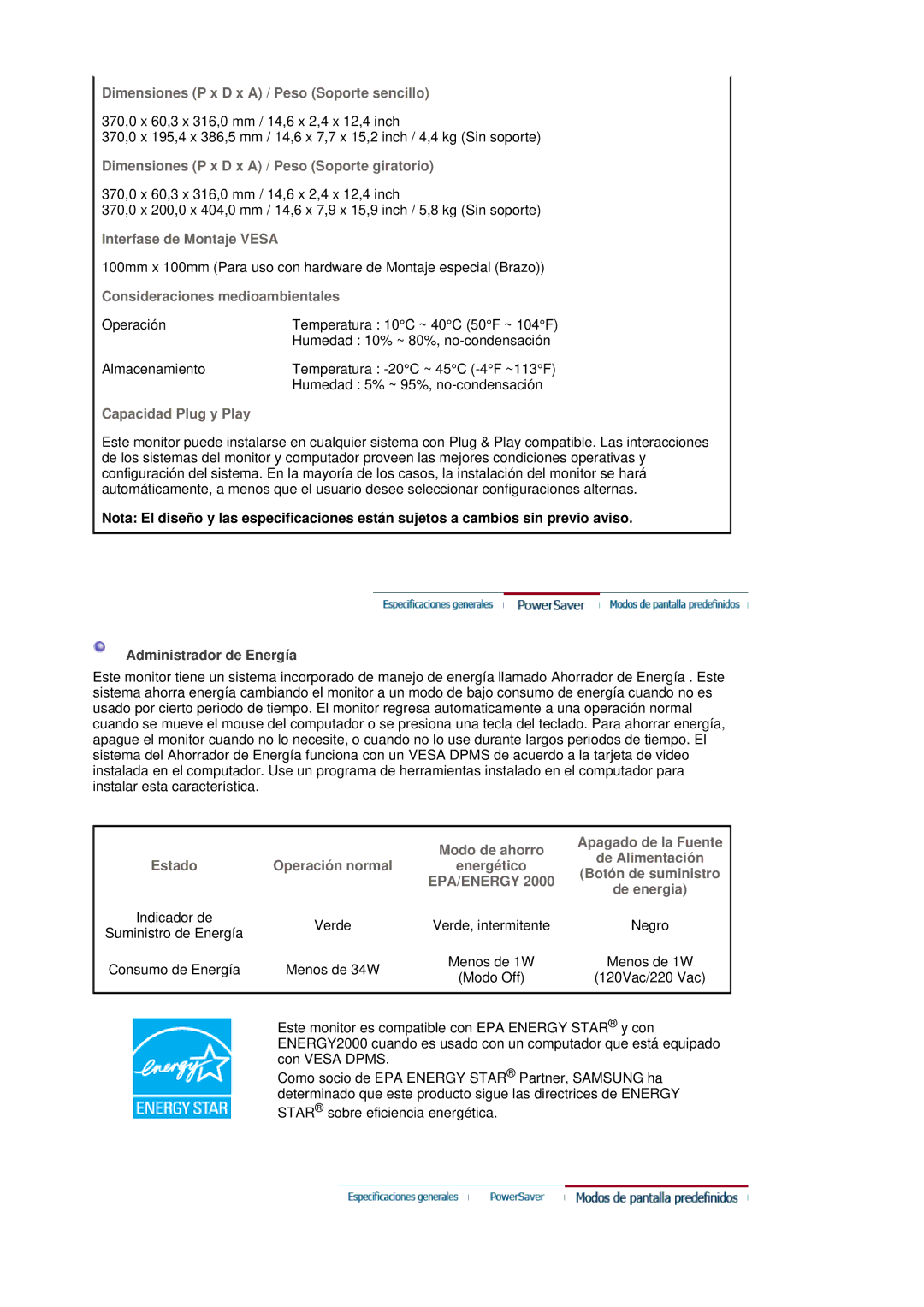 Samsung MJ17CSTS/EDC manual Dimensiones P x D x a / Peso Soporte sencillo, Dimensiones P x D x a / Peso Soporte giratorio 