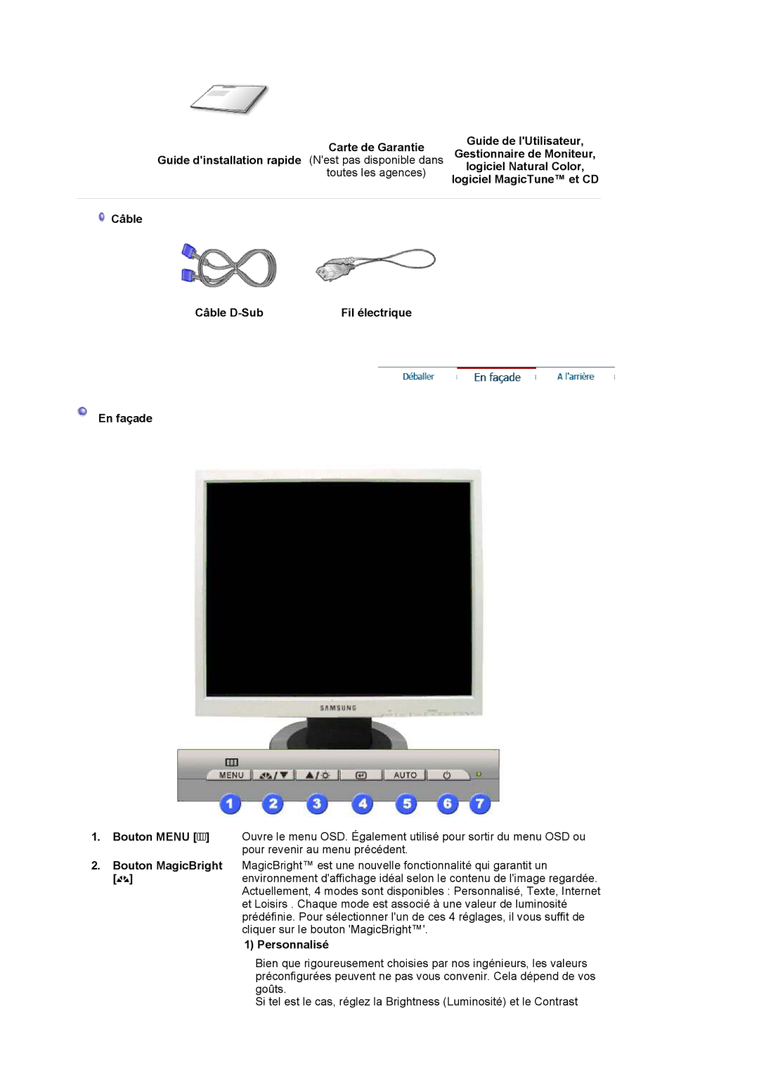 Samsung LS17MJLKS/EDC manual Logiciel Natural Color, Logiciel MagicTune et CD, Câble Câble D-Sub Fil électrique En façade 