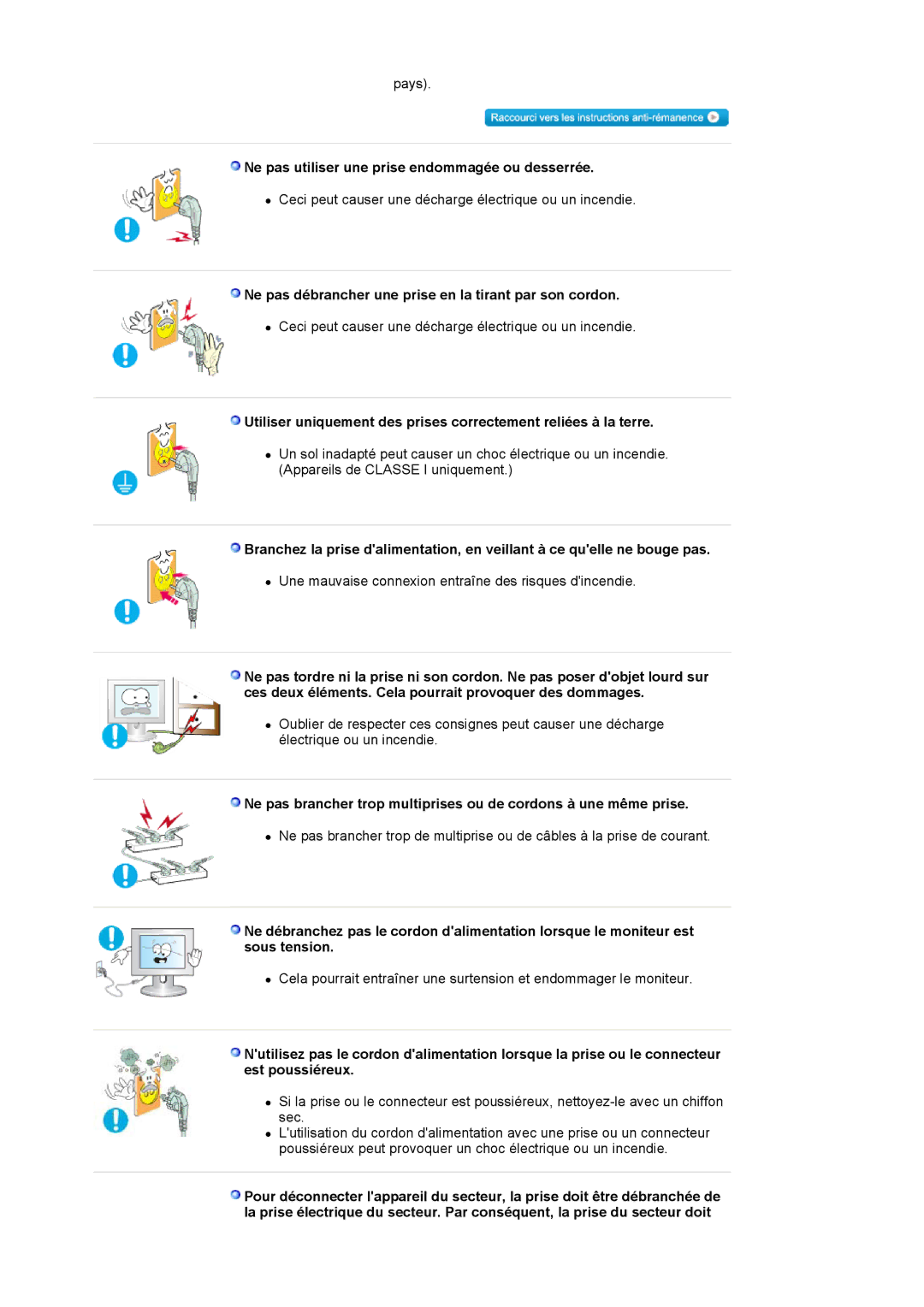 Samsung LS17MJLKS/EDC manual Ne pas utiliser une prise endommagée ou desserrée 