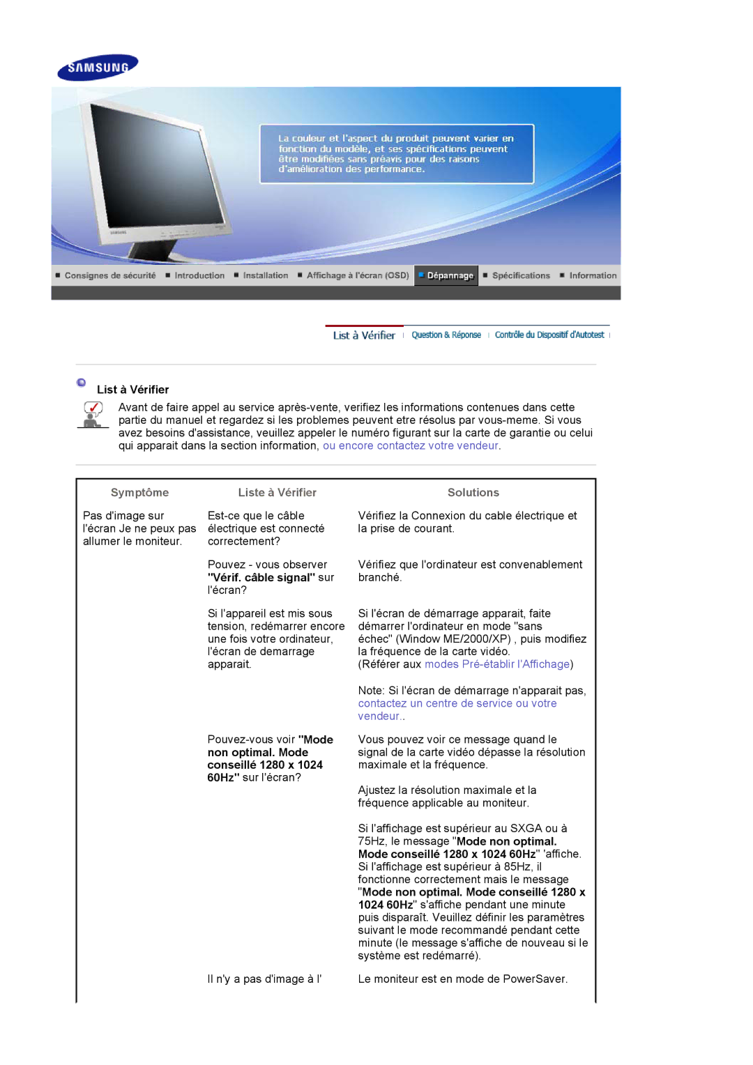 Samsung LS17MJLKS/EDC manual List à Vérifier, Symptôme Liste à Vérifier Solutions 