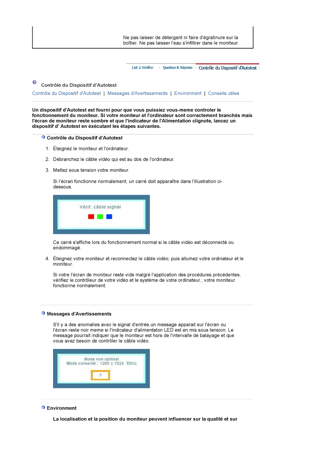 Samsung LS17MJLKS/EDC manual Contrôle du Dispositif dAutotest, Messages dAvertissements 