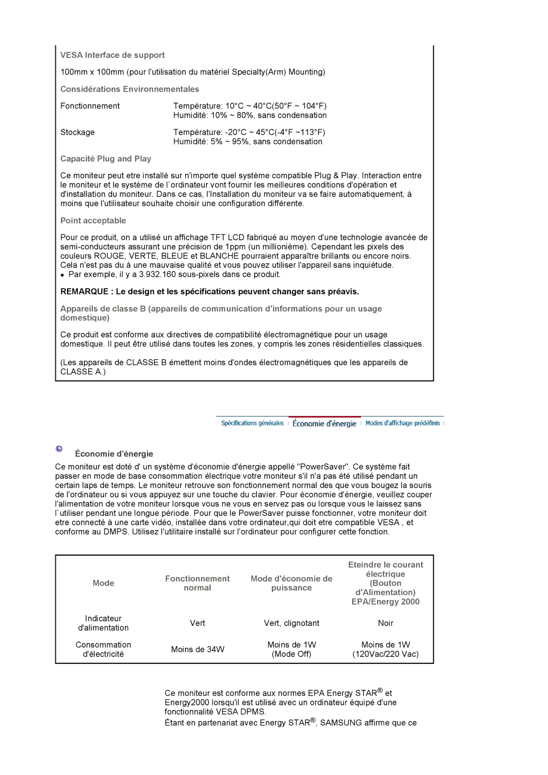 Samsung LS17MJLKS/EDC Vesa Interface de support, Considérations Environnementales, Capacité Plug and Play, DAlimentation 