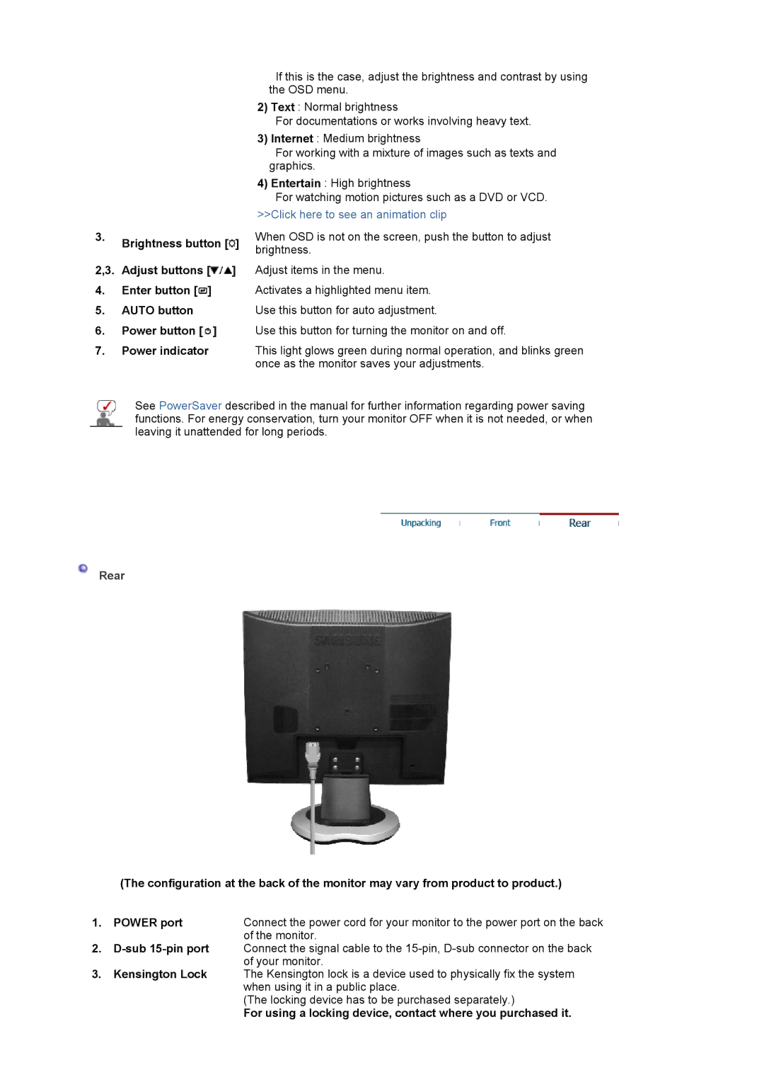 Samsung LS17MJLKS/EDC manual Rear, For using a locking device, contact where you purchased it 