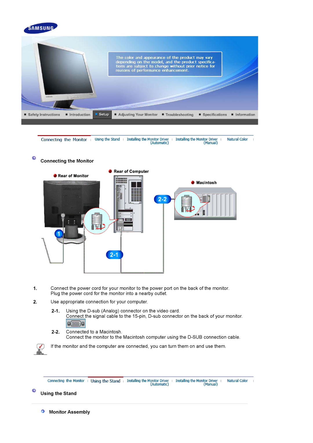 Samsung LS17MJLKS/EDC manual Connecting the Monitor, Using the Stand Monitor Assembly 