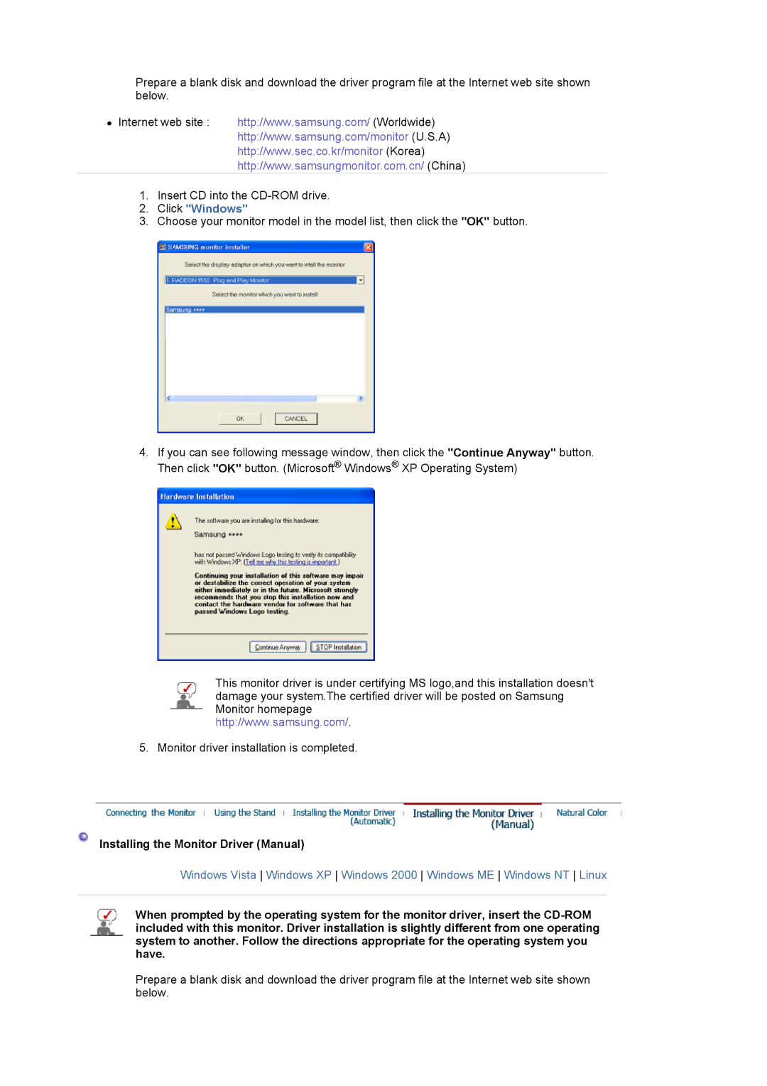 Samsung LS17MJLKS/EDC manual Click Windows, Installing the Monitor Driver Manual 