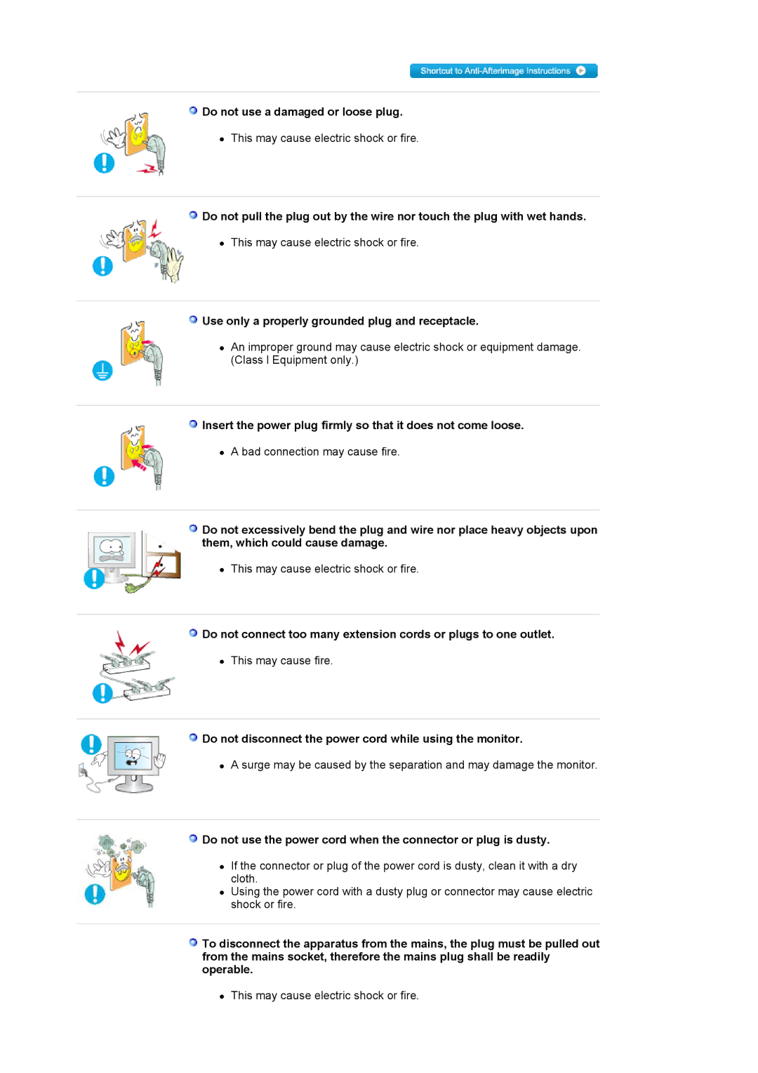 Samsung LS17MJLKS/EDC manual Do not use a damaged or loose plug, Use only a properly grounded plug and receptacle 