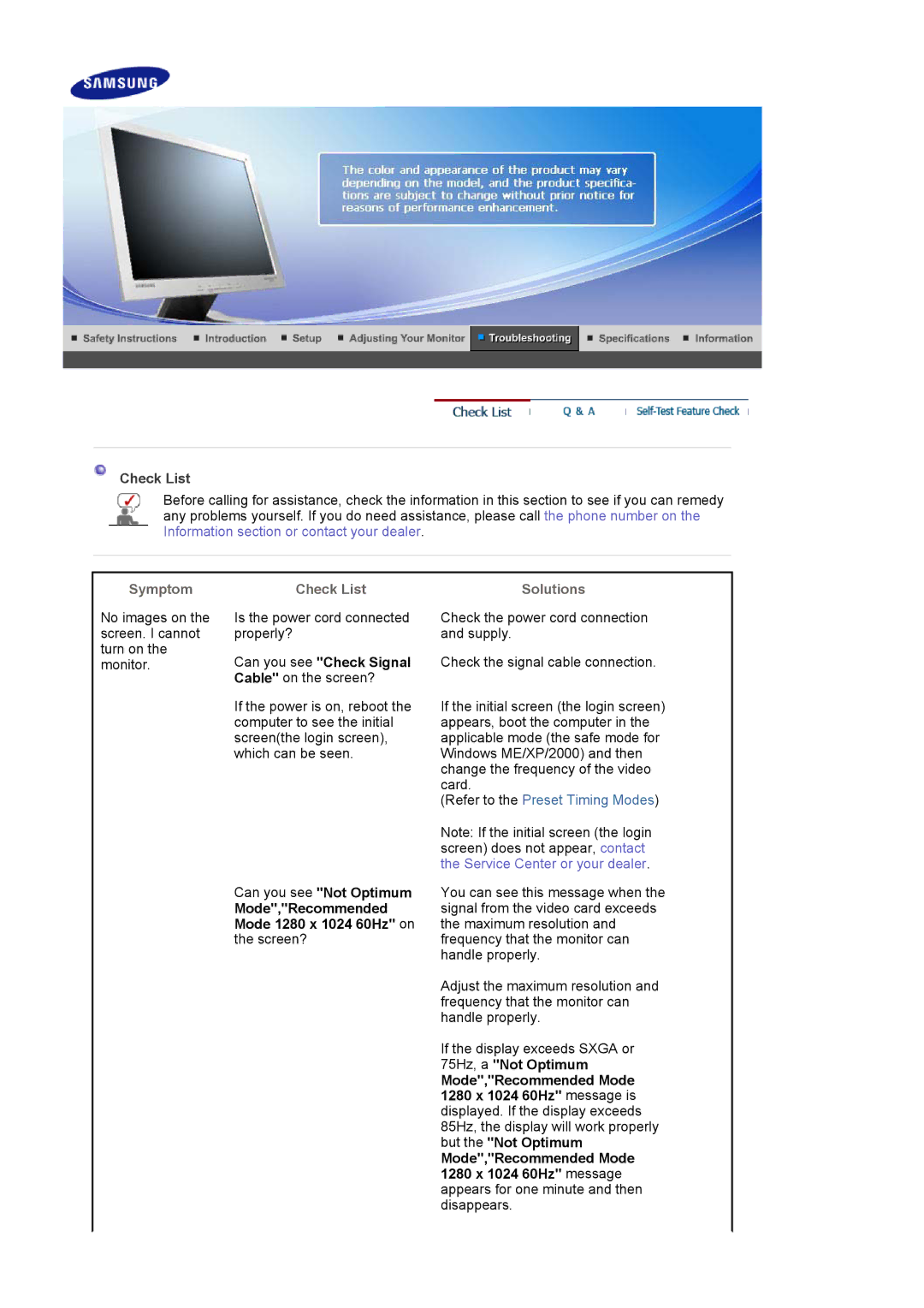 Samsung LS17MJLKS/EDC manual Symptom Check List Solutions, Can you see Check Signal Cable on the screen? 