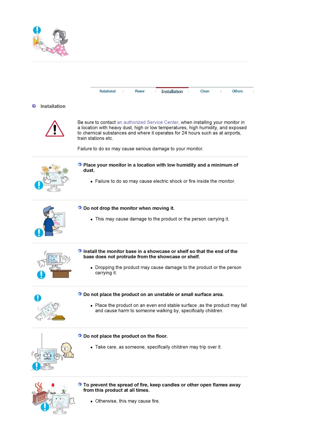 Samsung LS17MJLKS/EDC manual Installation, Do not drop the monitor when moving it, Do not place the product on the floor 