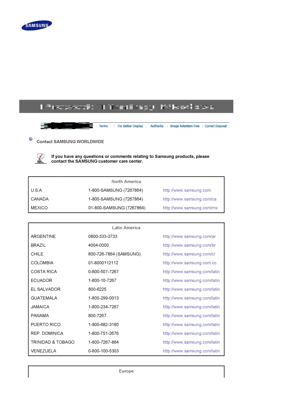 Samsung LS17MJLKS/EDC manual Contact Samsung Worldwide, North America, Latin America, Europe 