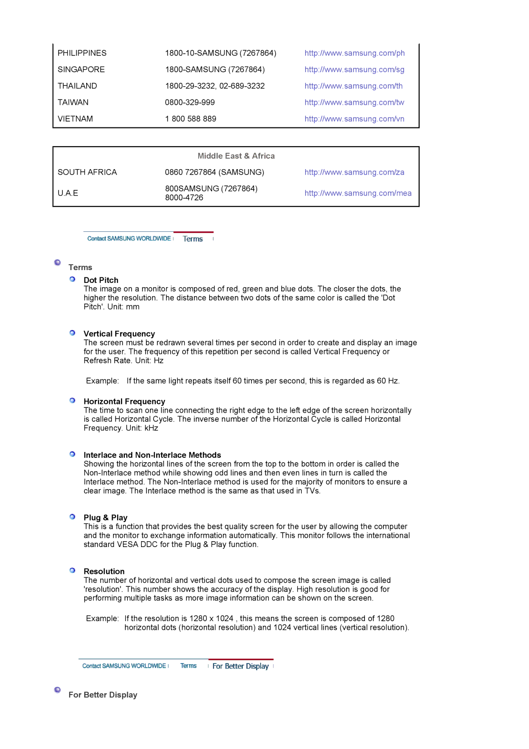 Samsung LS17MJLKS/EDC manual Middle East & Africa, Terms, For Better Display 