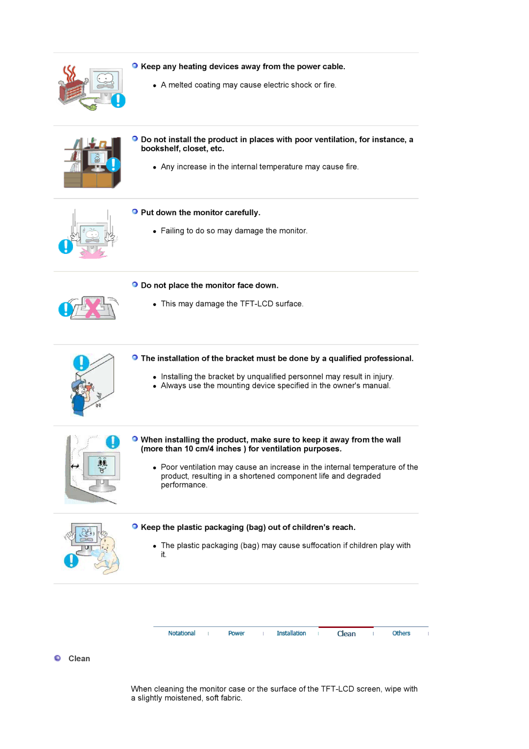 Samsung LS17MJLKS/EDC manual Keep any heating devices away from the power cable, Put down the monitor carefully, Clean 