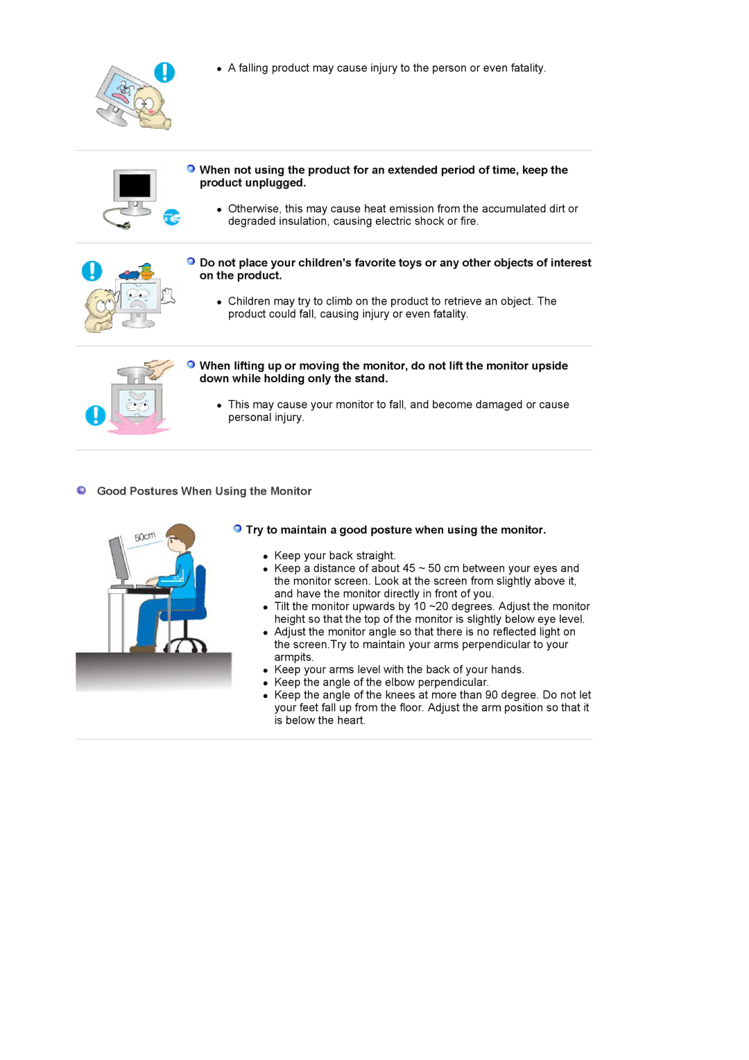 Samsung LS17MJLKS/EDC manual Good Postures When Using the Monitor, Try to maintain a good posture when using the monitor 