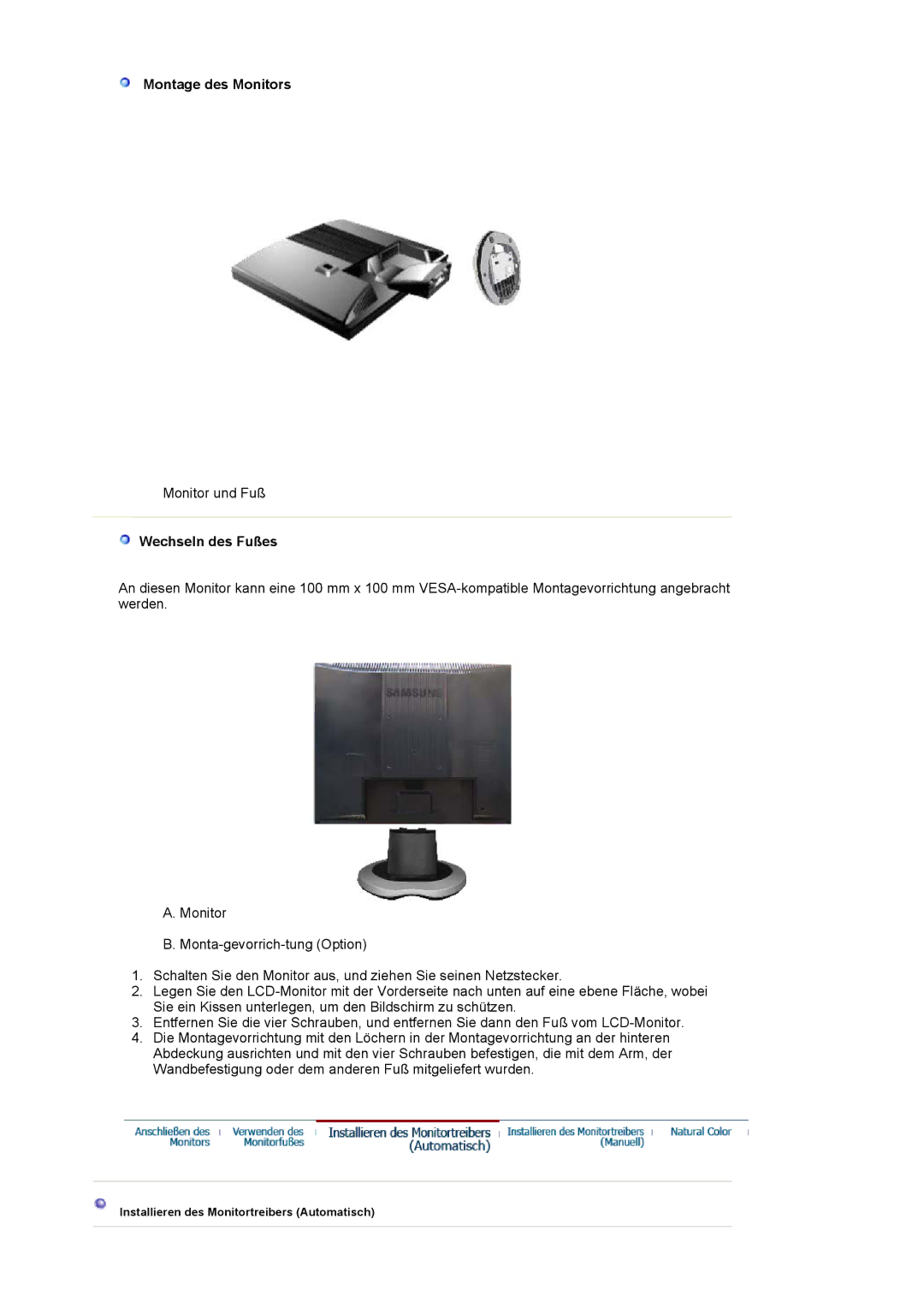 Samsung LS17MJLKS/EDC manual Montage des Monitors, Wechseln des Fußes 