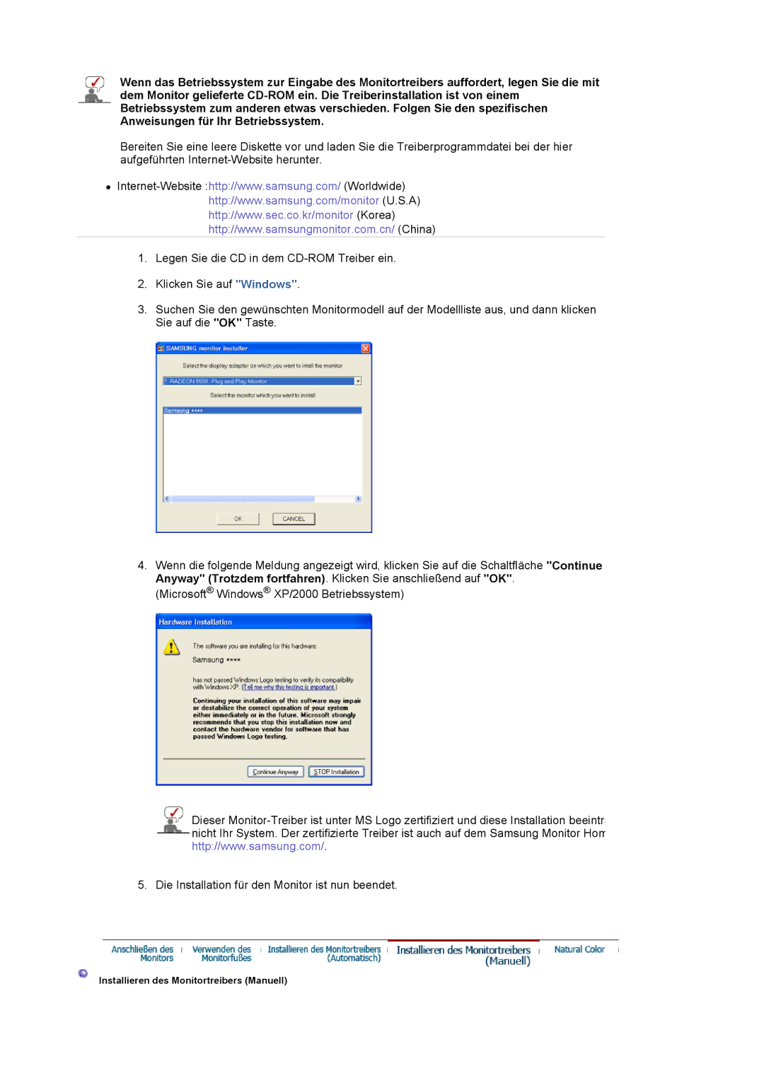 Samsung LS17MJLKS/EDC manual Installieren des Monitortreibers Manuell 