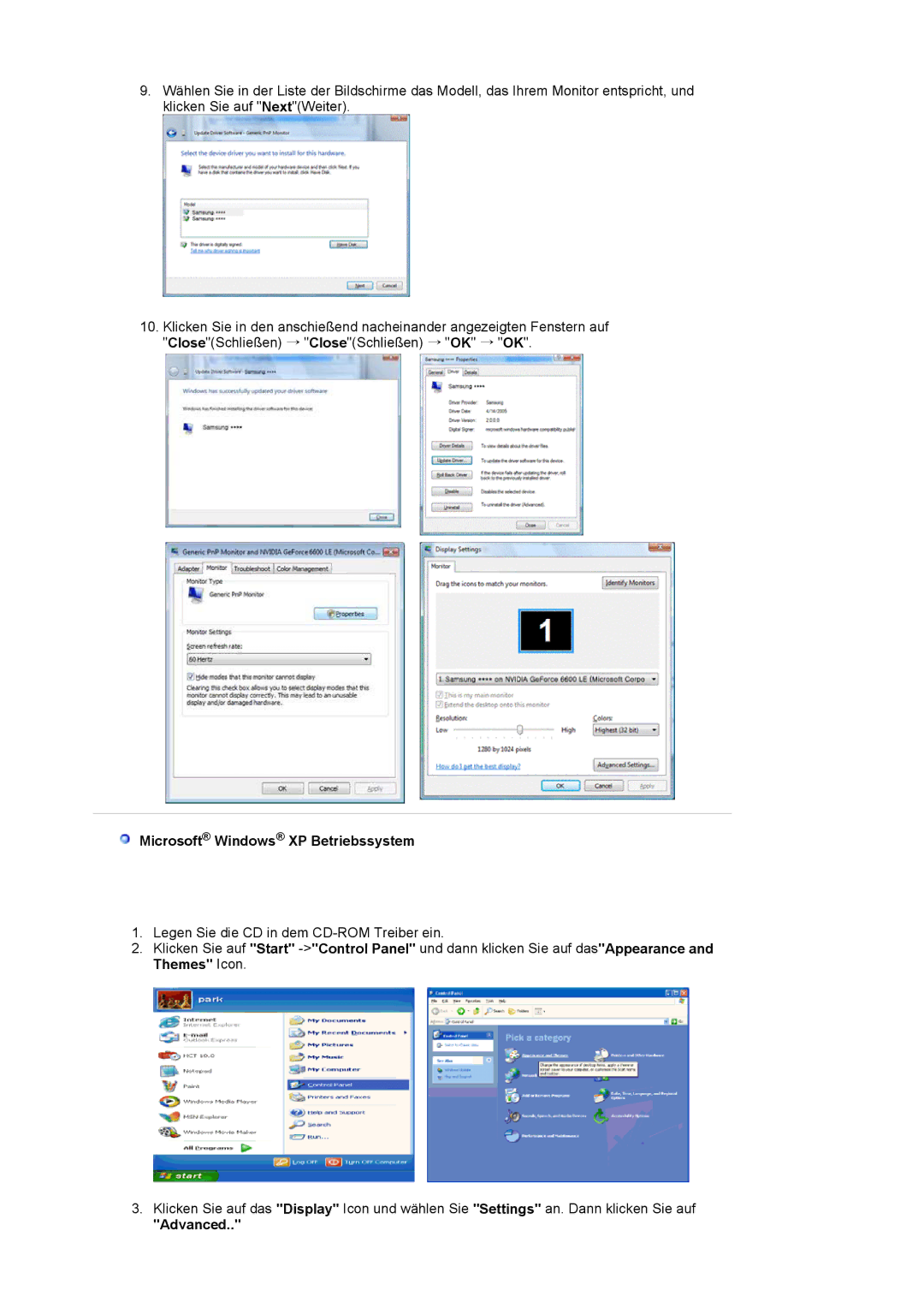 Samsung LS17MJLKS/EDC manual Microsoft Windows XP Betriebssystem, Advanced 