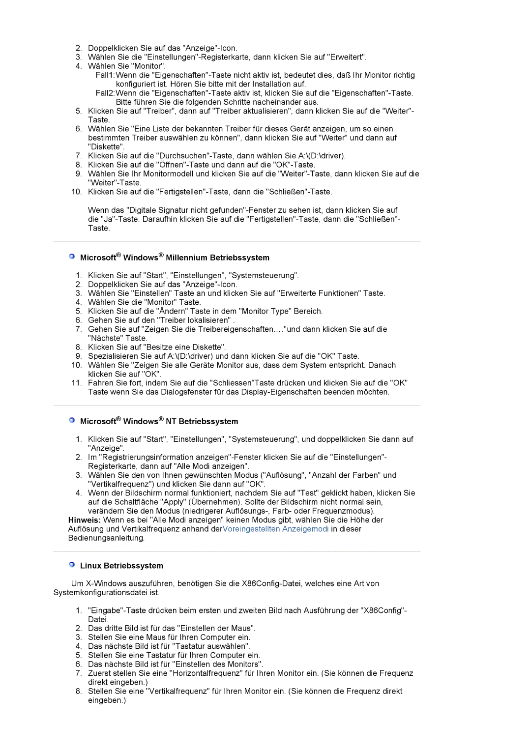 Samsung LS17MJLKS/EDC manual Microsoft Windows Millennium Betriebssystem, Microsoft Windows NT Betriebssystem 