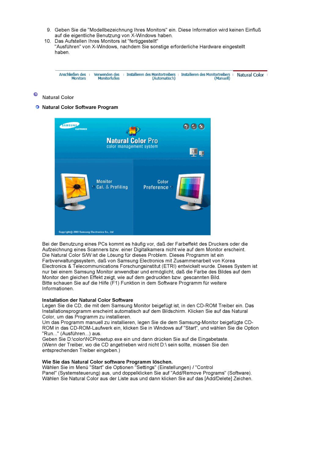 Samsung LS17MJLKS/EDC manual Natural Color Software Program, Installation der Natural Color Software 