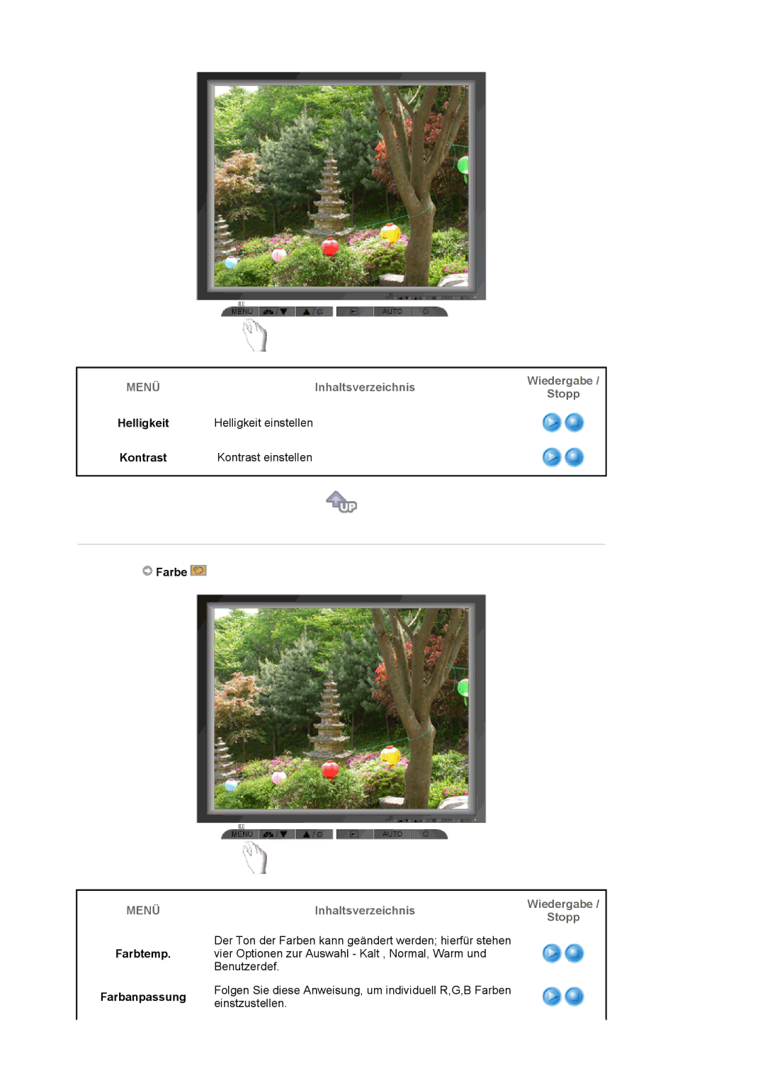 Samsung LS17MJLKS/EDC manual Inhaltsverzeichnis Wiedergabe Stopp Helligkeit, Kontrast, Farbe, Farbtemp Farbanpassung 